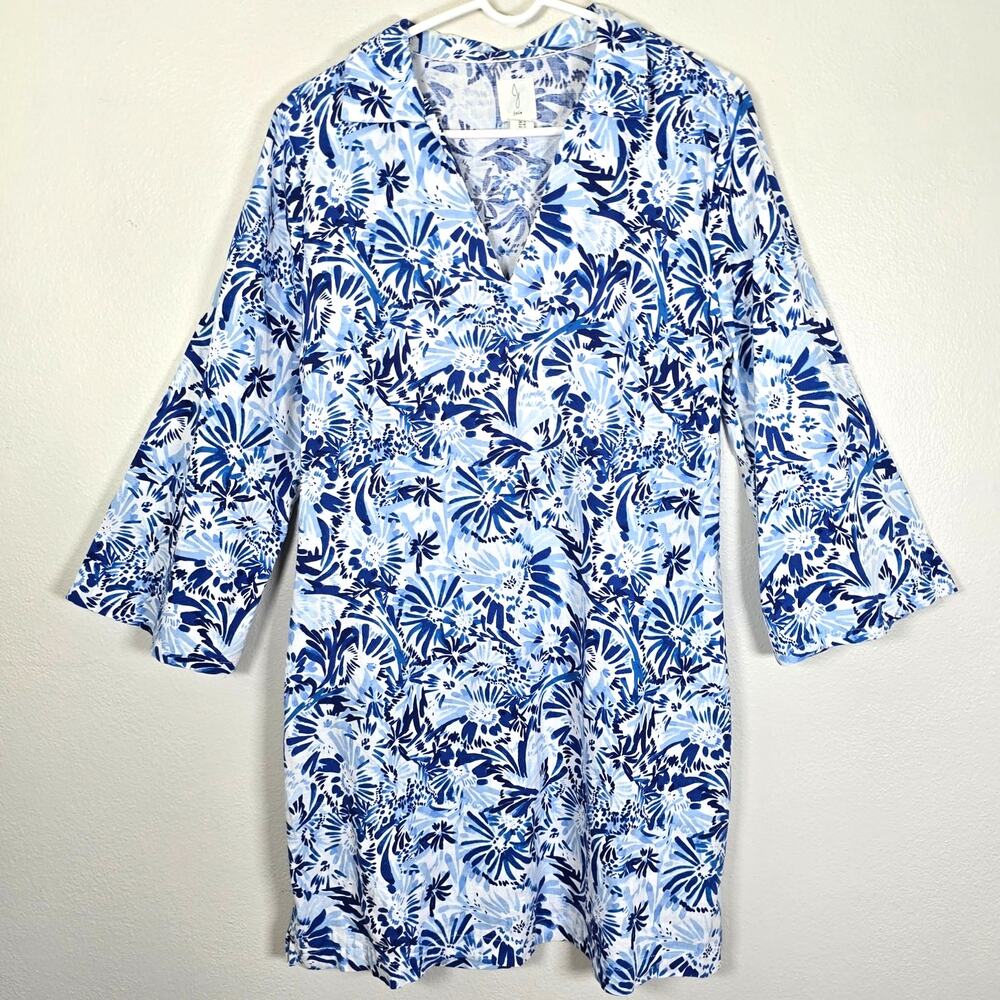 Joie Linen Blend Dress Women's 10 Blue White Floral Tropical Summer Vacay Preppy